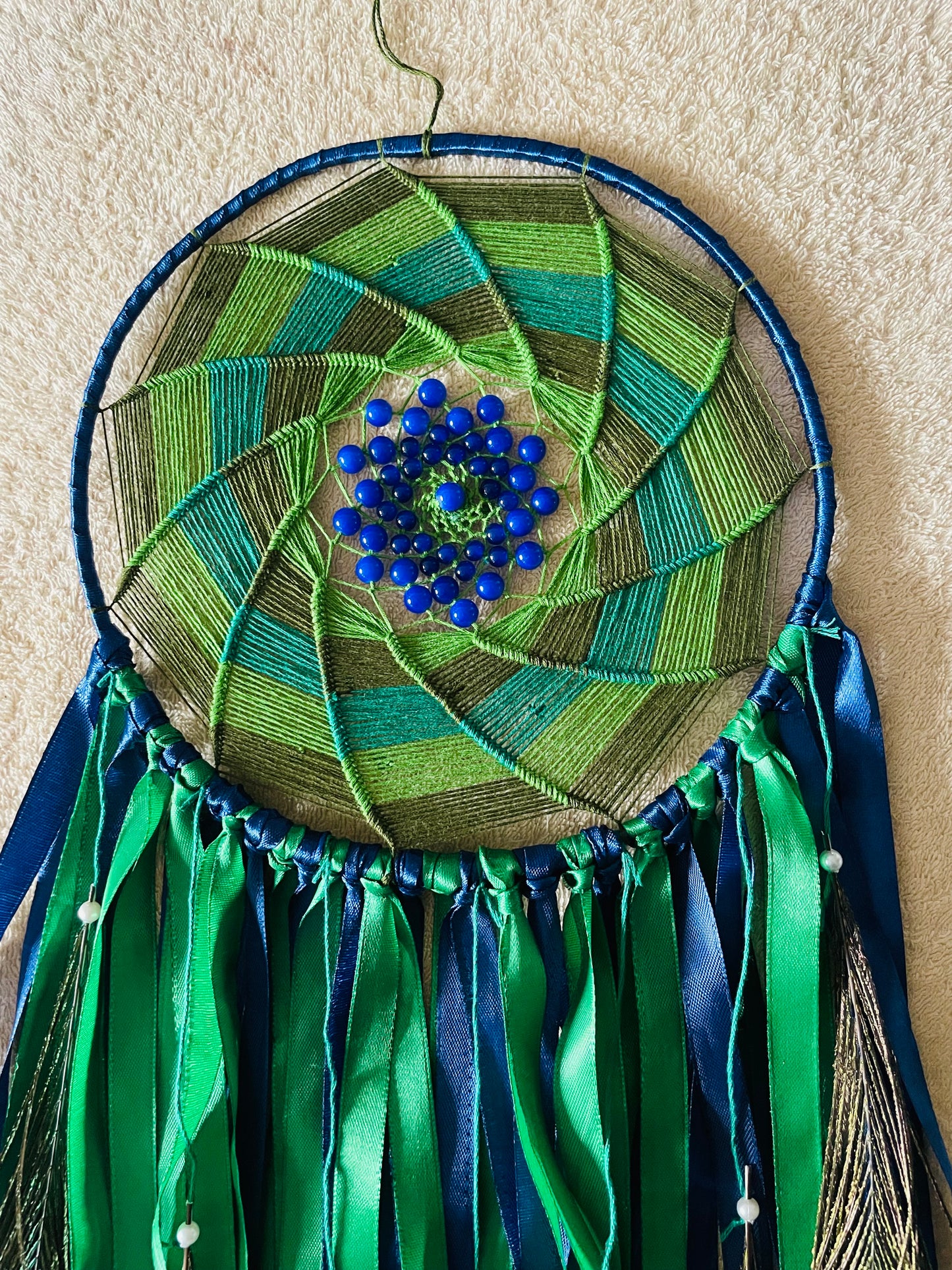 Shades of Green Peacock Feather Dreamcatcher - Teal By Tanvi