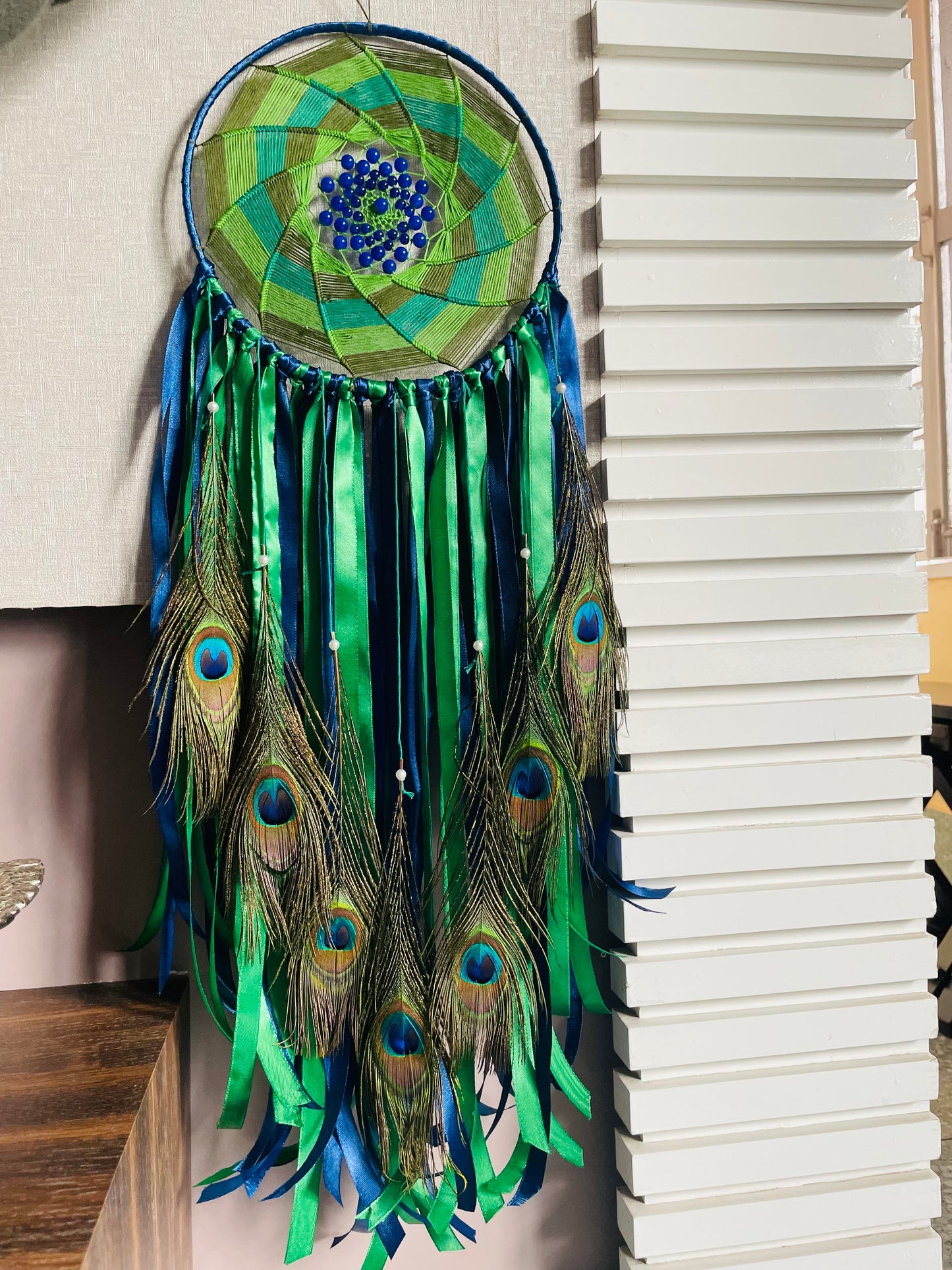 Shades of Green Peacock Feather Dreamcatcher - Teal By Tanvi