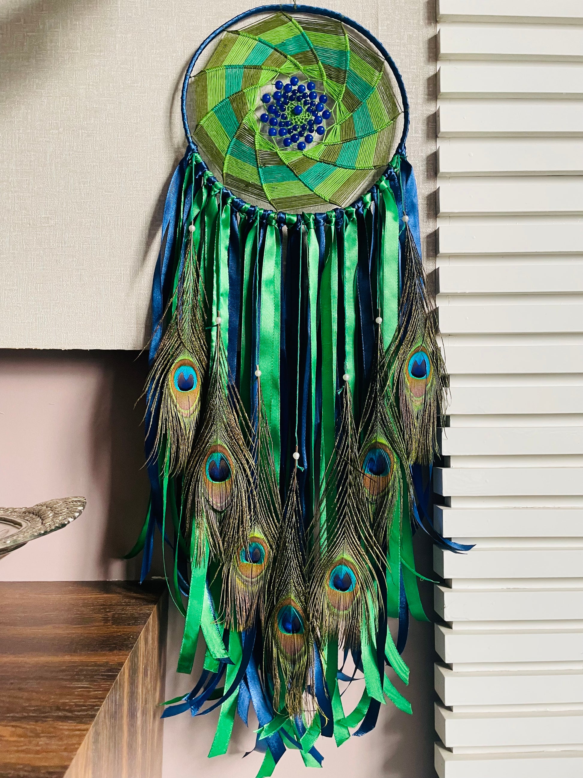 Shades of Green Peacock Feather Dreamcatcher - Teal By Tanvi