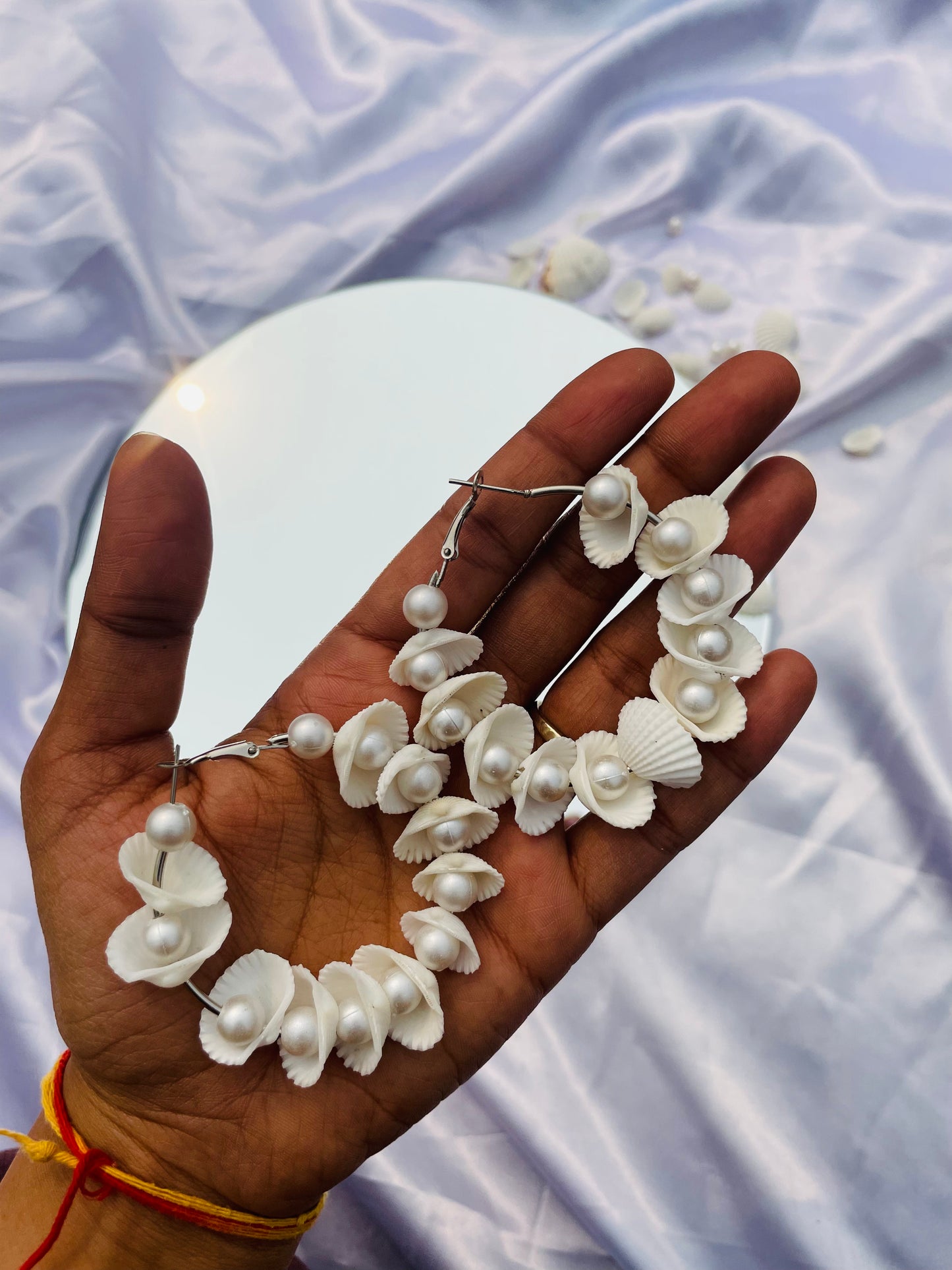 White Sea Shell Pearl Imitation Hoops - Teal By Tanvi