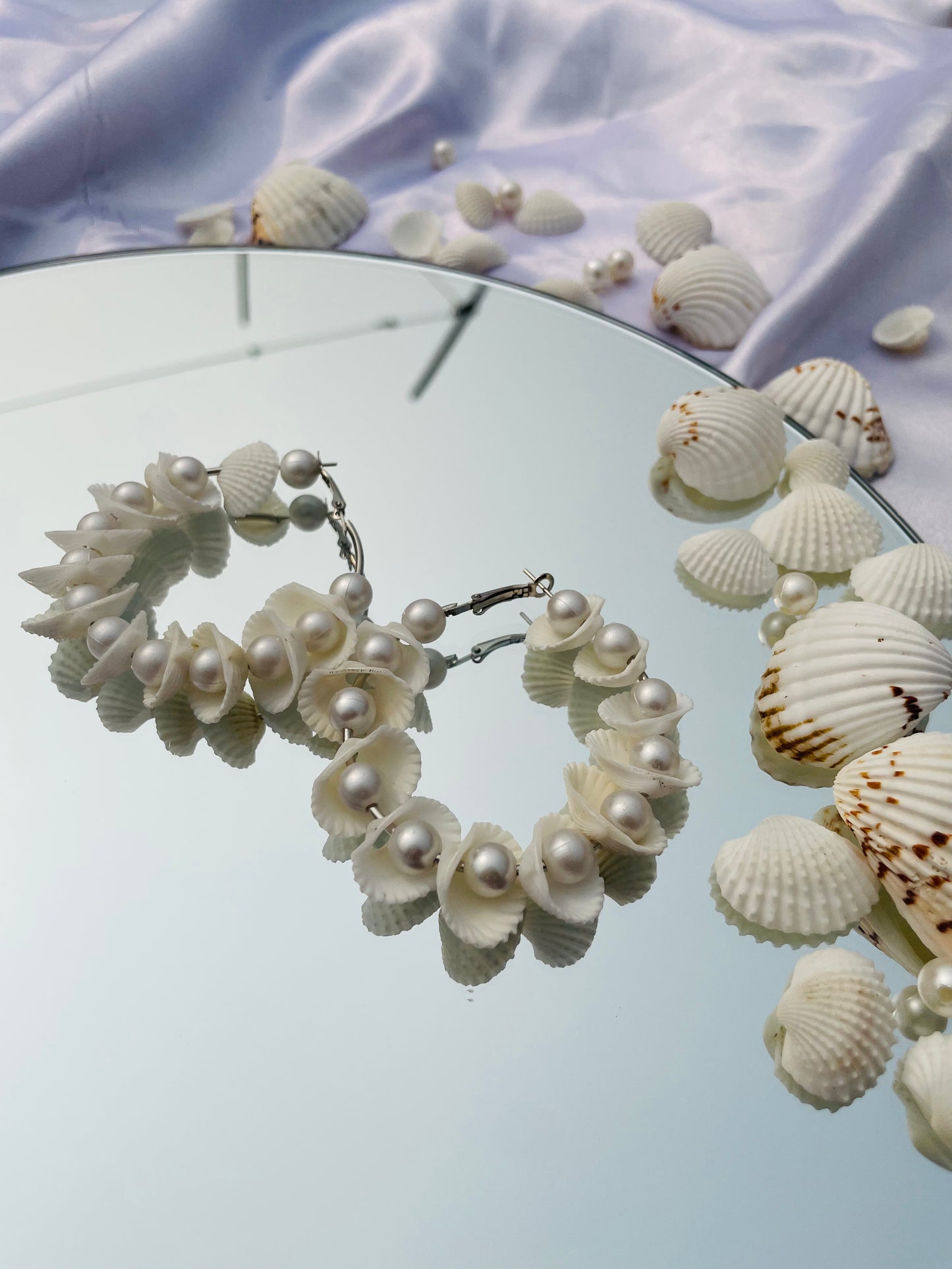 White Sea Shell Pearl Imitation Hoops - Teal By Tanvi