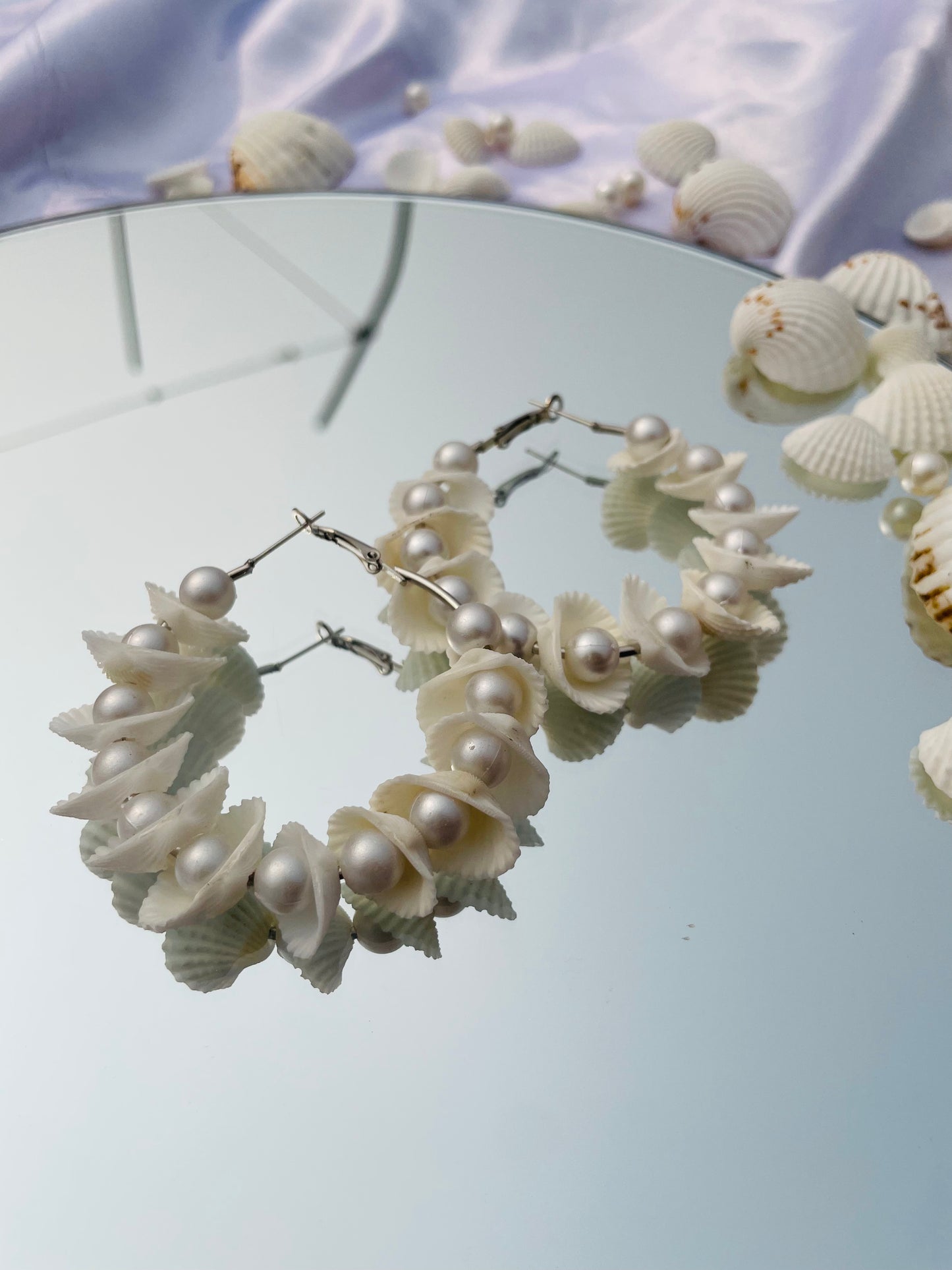 White Sea Shell Pearl Imitation Hoops - Teal By Tanvi