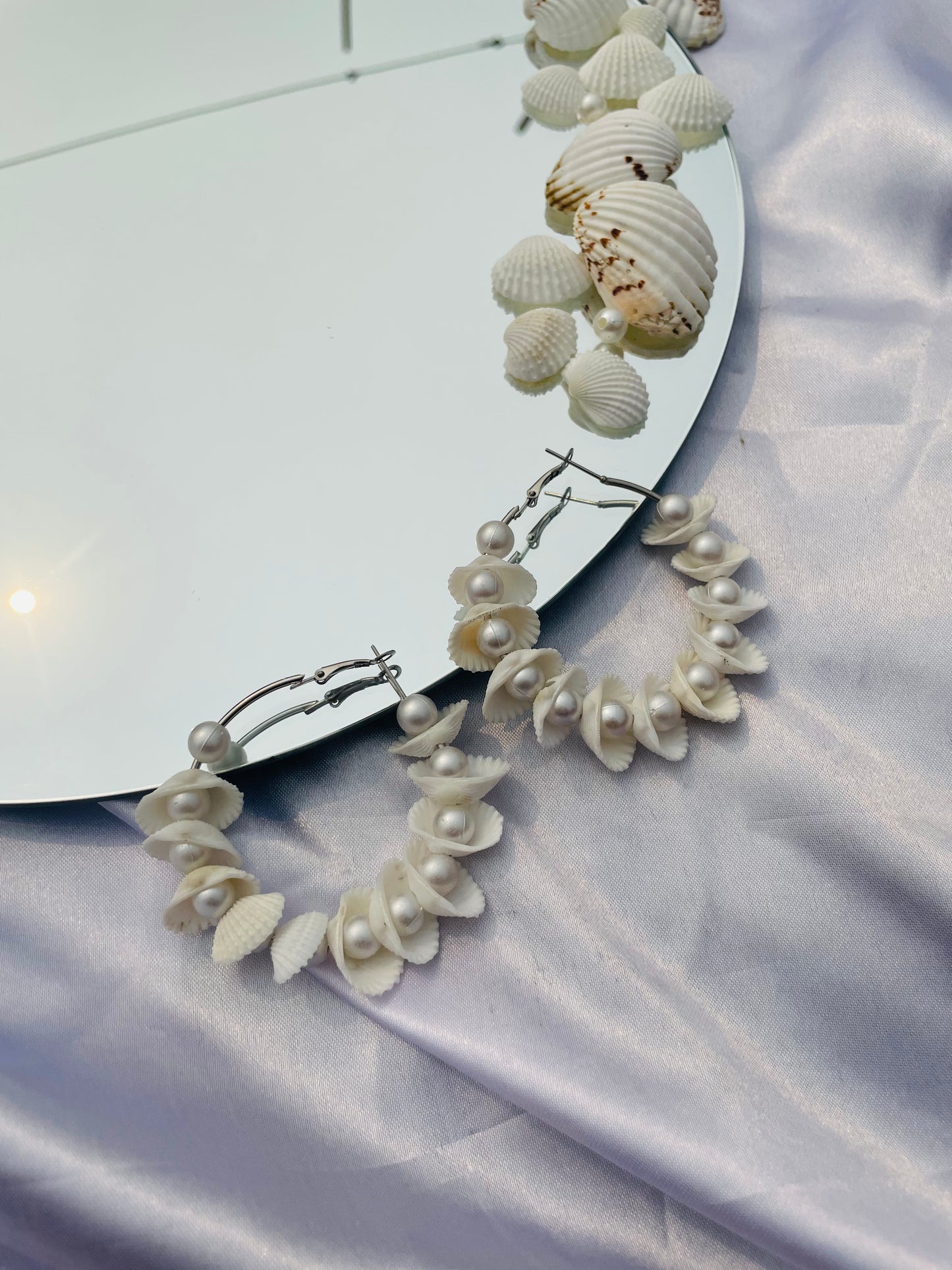 White Sea Shell Pearl Imitation Hoops - Teal By Tanvi