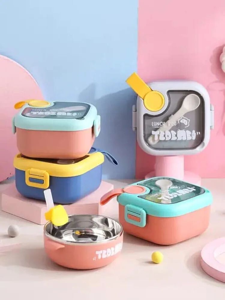 TEDDEMEI 3-Layer Insulated Lunch Box with Spoon & Food Scissors