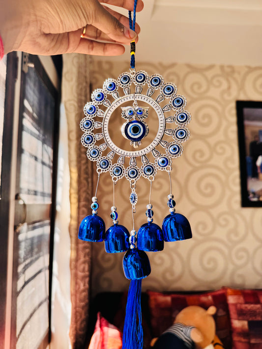 Evil Eye Owl Hanging Windchime with Bells & Tassel