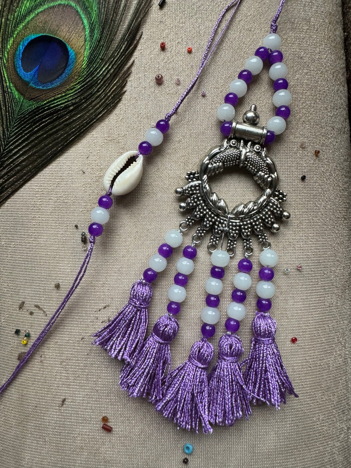 German Silver Lavender Couple Rakhi and Lumba Set (Bhaiya Bhabhi Rakhi Set)