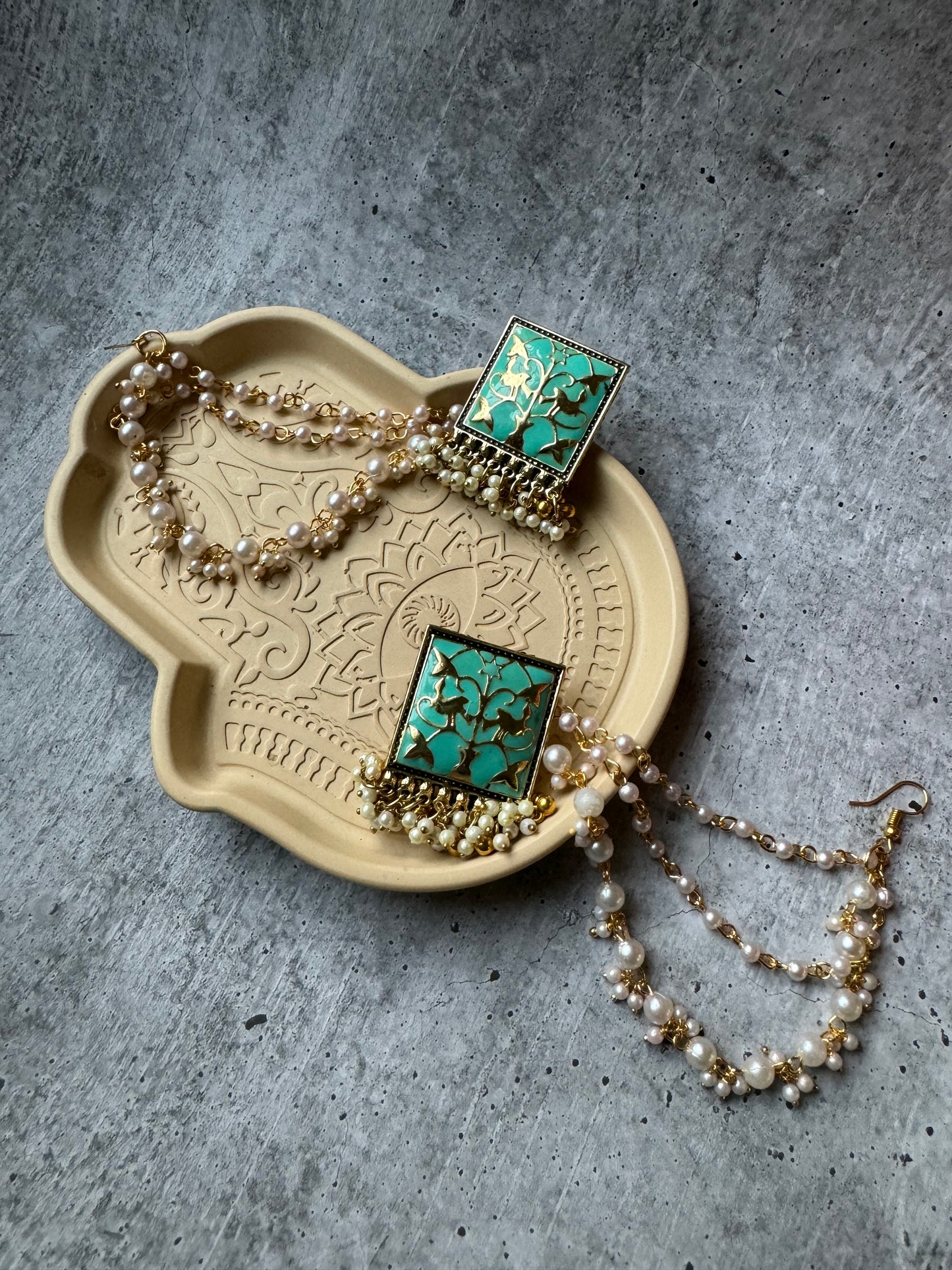 Premium Quality German Silver Teal Golden Meenakari with 3-layer Earchain Earring