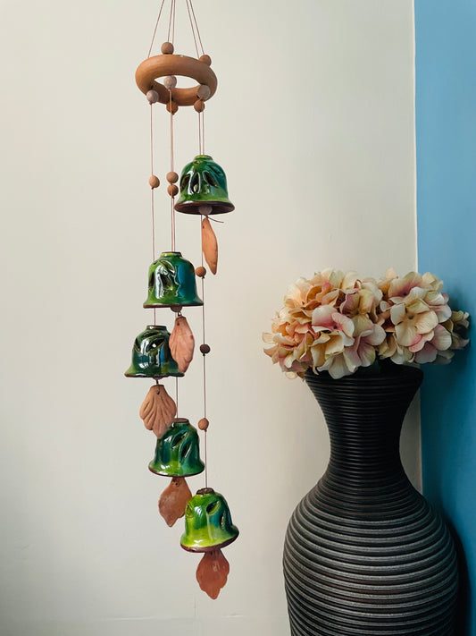 5-Bell Ceramic Windchime - Forest Green - Teal By Tanvi