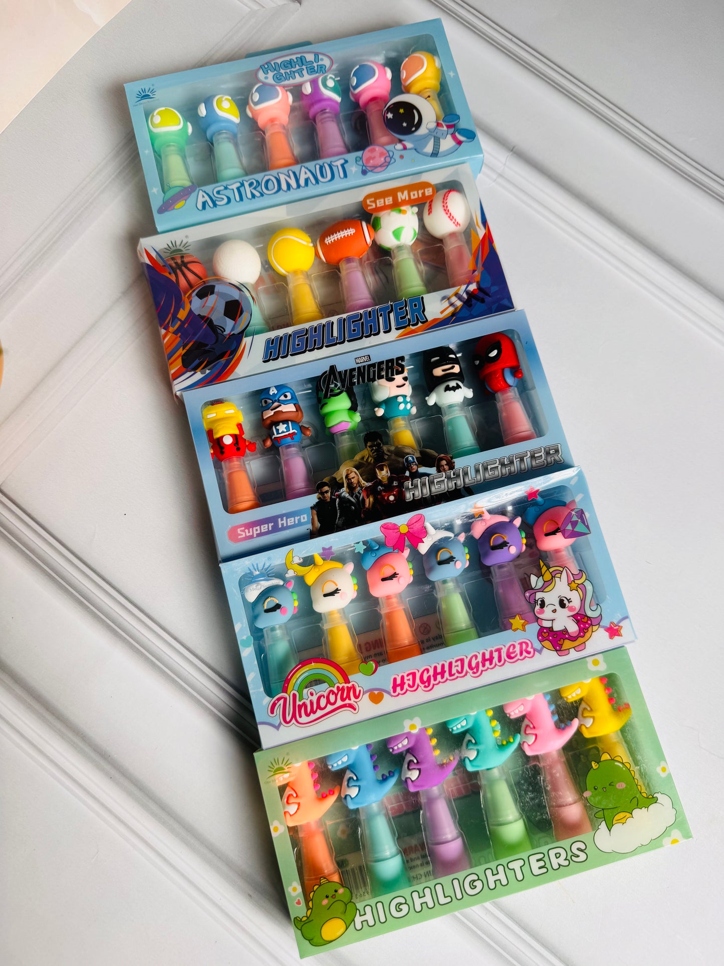 Highlighter Pens Set | Box of 6 | Avengers, Space, Unicorn, Sports, Dino Theme