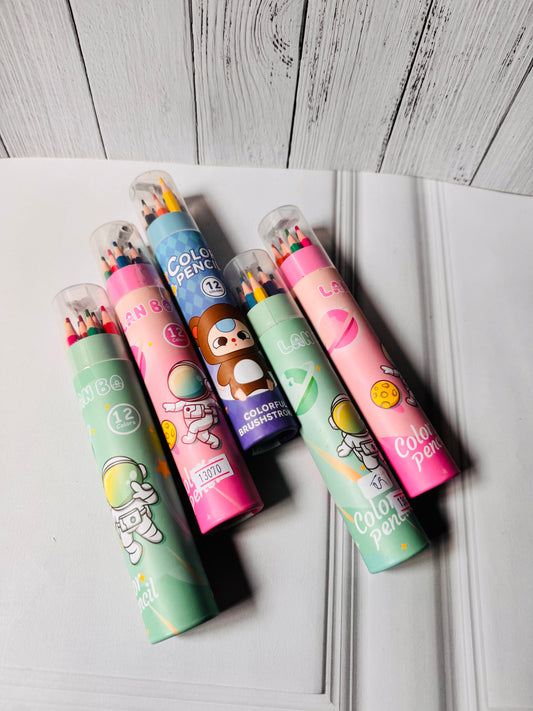 Colour Pencil Tubes with Sharpener Caps - Set of 12 Color Pencils
