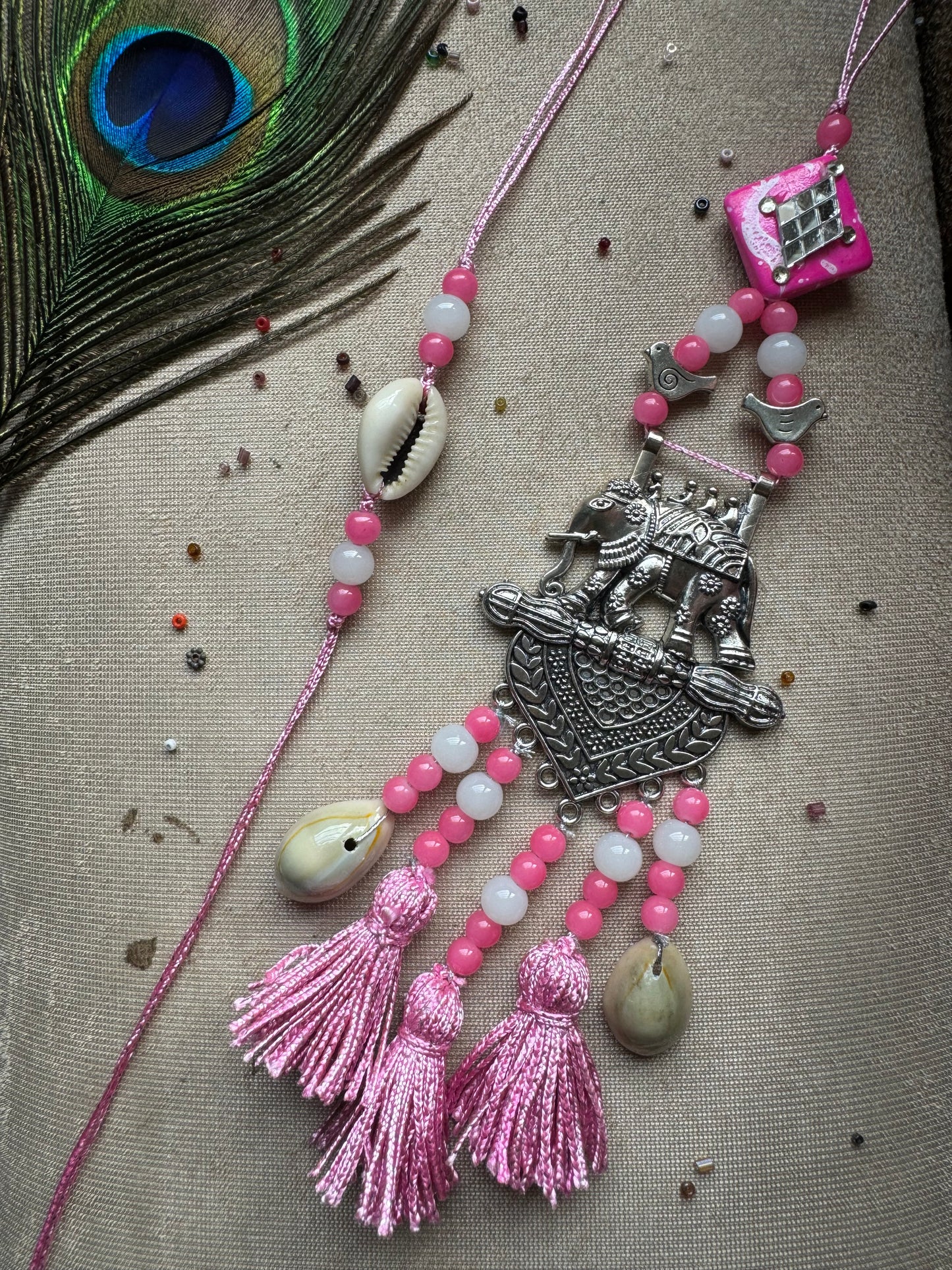 German Silver Pink Couple Rakhi and Lumba Set (Bhaiya Bhabhi Rakhi Set)