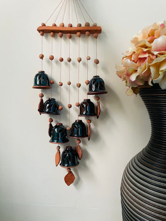 7-Bell Ceramic Windchime - Black Coffee - Teal By Tanvi