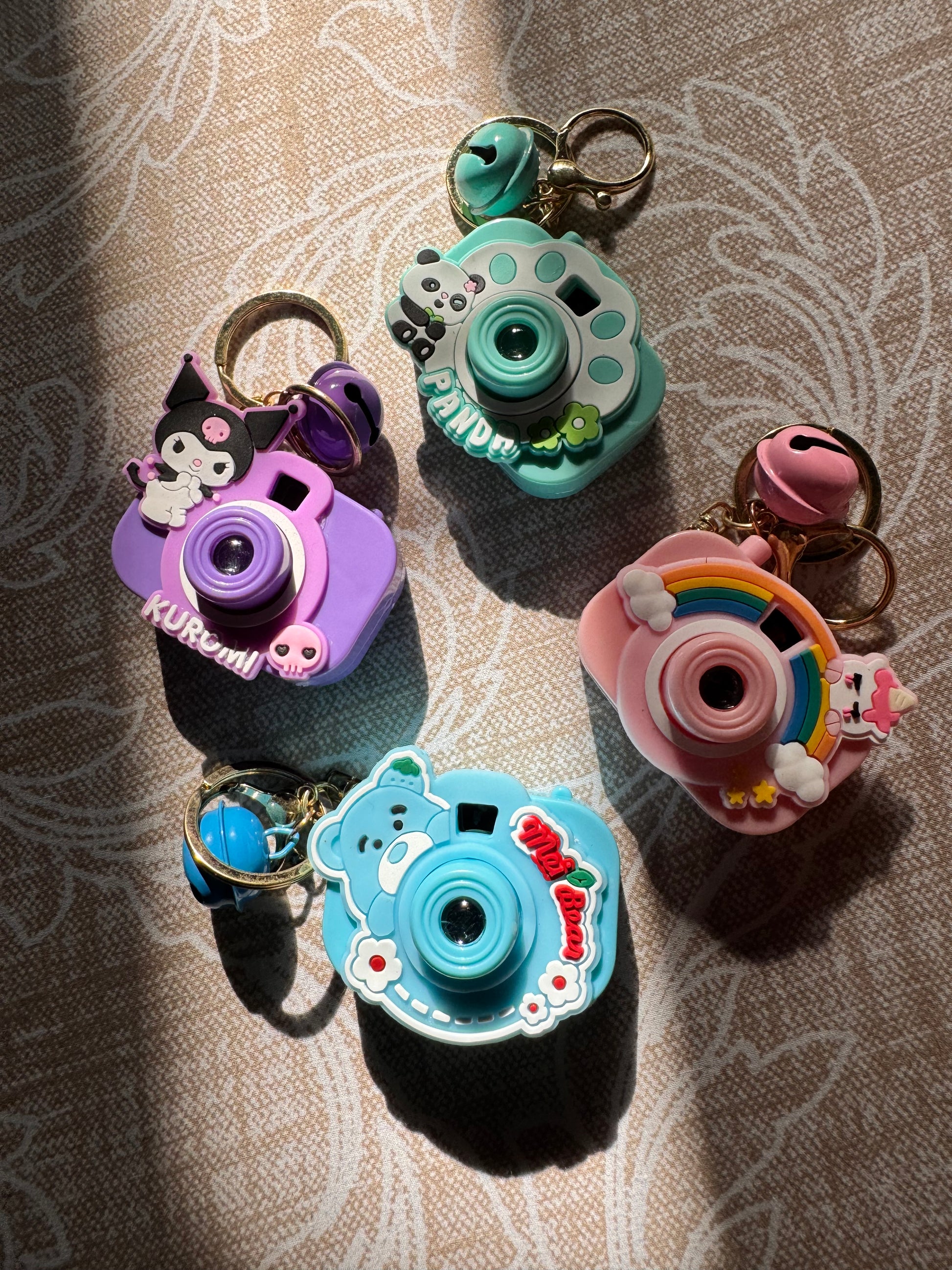 Mini Cartoon Projector Keychain With Bell Camera Shaped Pink, Purple, Blue, Green