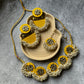 Yellow Fabric Mogra Pearl Work Choker Necklace and Earrings with Mangtika
