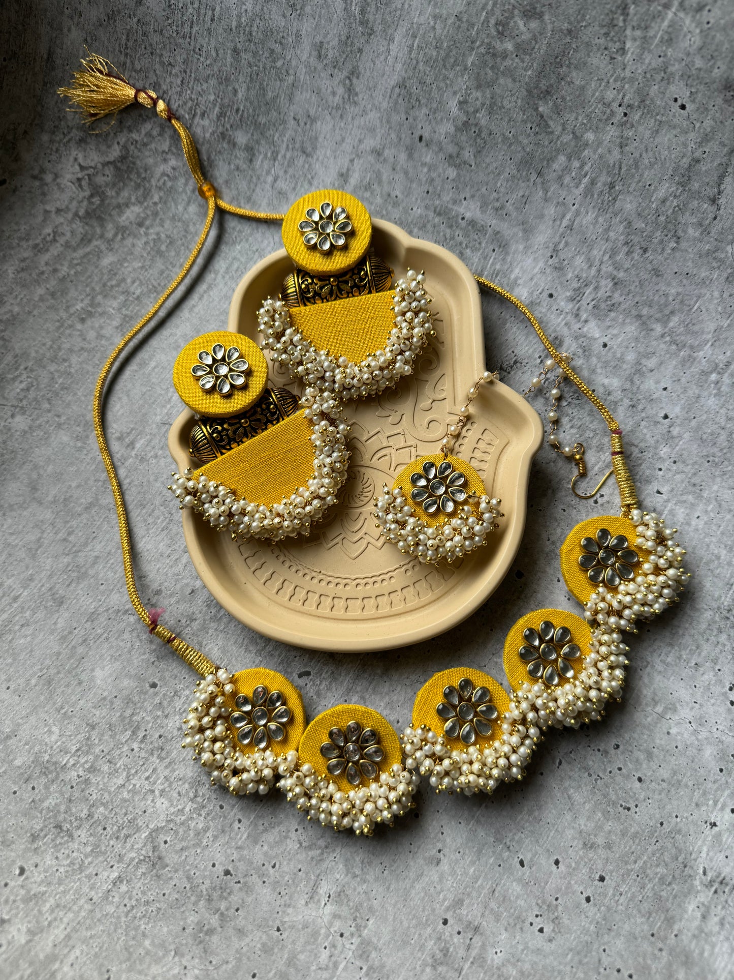 Yellow Fabric Mogra Pearl Work Choker Necklace and Earrings with Mangtika