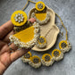 Yellow Fabric Mogra Pearl Work Choker Necklace and Earrings with Mangtika