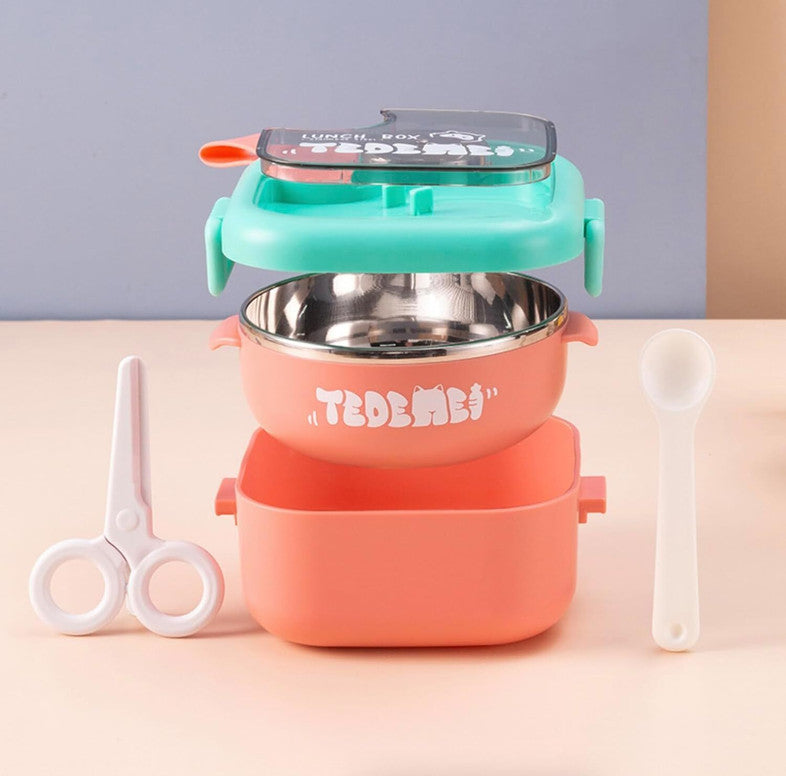 TEDDEMEI 3-Layer Insulated Lunch Box with Spoon & Food Scissors