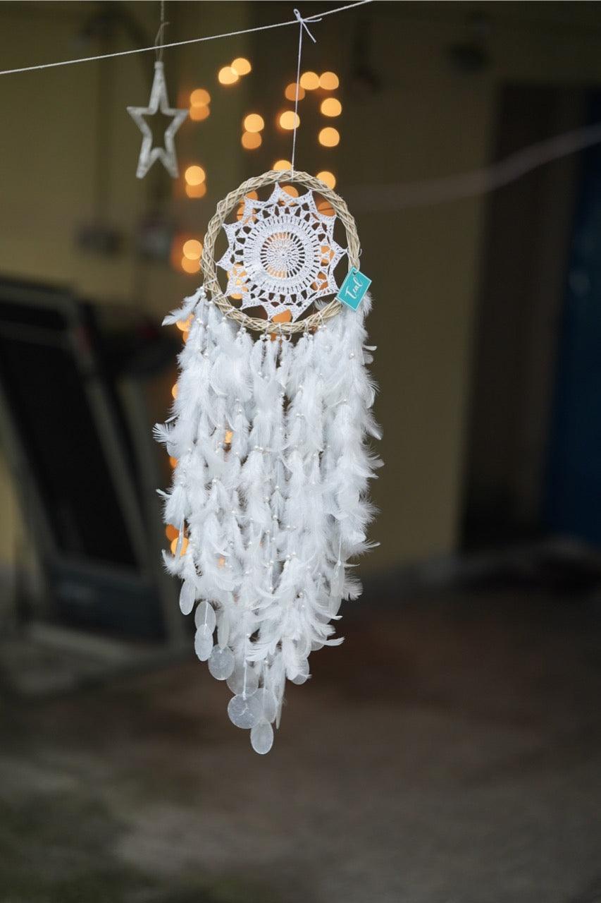 White Crochet Dreamcatcher with Capiz Shells - Teal By Tanvi