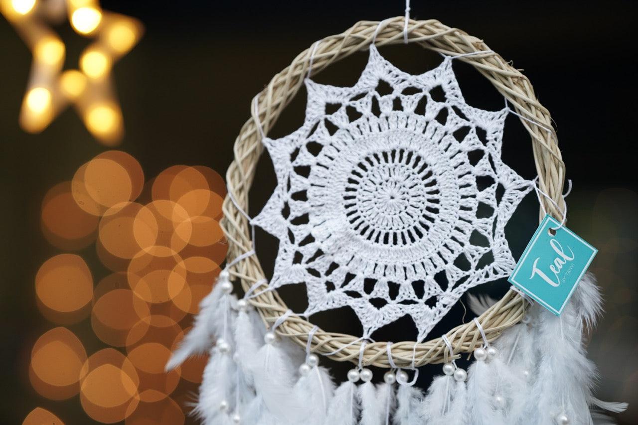 White Crochet Dreamcatcher with Capiz Shells - Teal By Tanvi
