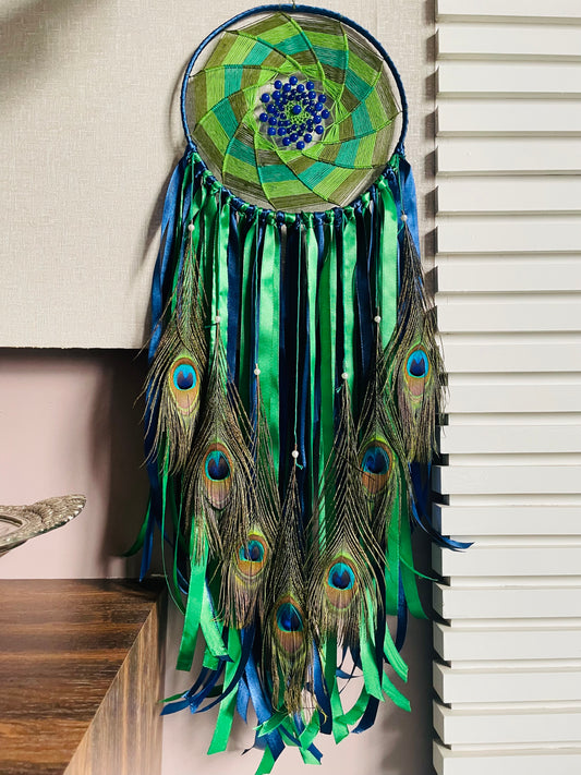 Shades of Green Peacock Feather Dreamcatcher - Teal By Tanvi