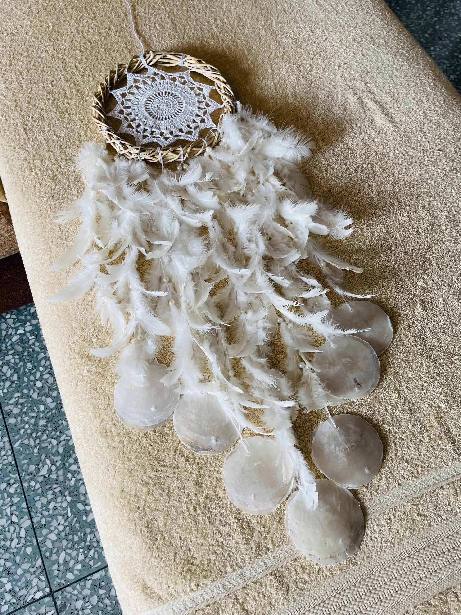 White Crochet Dreamcatcher with Capiz Shells - Teal By Tanvi