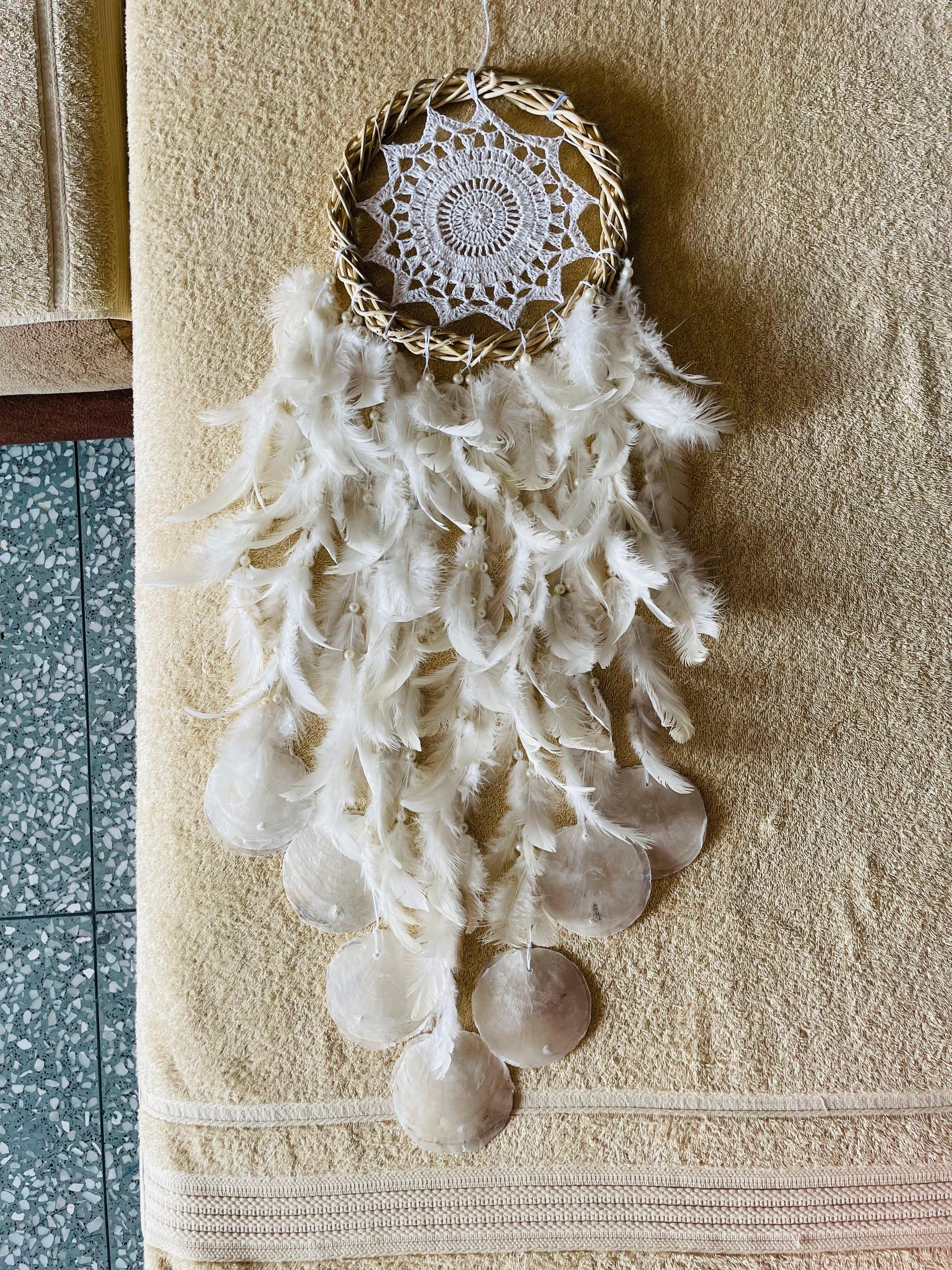 White Crochet Dreamcatcher with Capiz Shells - Teal By Tanvi