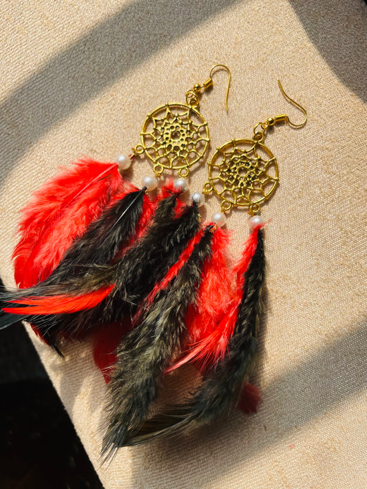 Red Black Bohemian Dreamcatcher Earrings - Teal By Tanvi